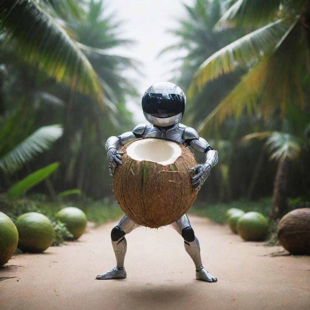 An image of a coconut transformed into a super heroic AI, harnessing the power from dynamic circuit patterns pulsating across its shell, striking a victorious pose and enjoying his own coconut juice amidst a futuristic cyber environment.