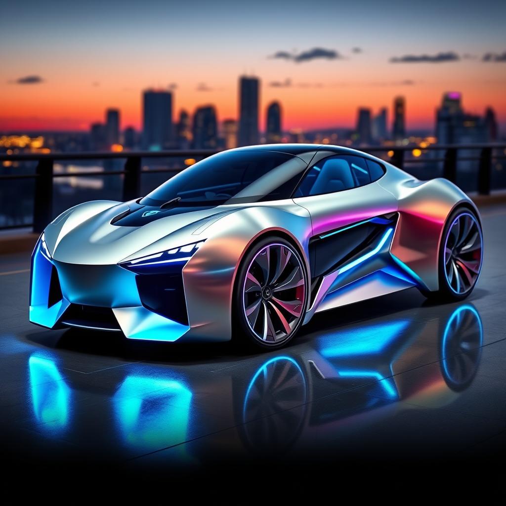 A futuristic car design featuring a sleek aerodynamic body with a metallic silver finish and illuminated blue accents