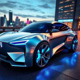 A futuristic car design featuring a sleek aerodynamic body with a metallic silver finish and illuminated blue accents