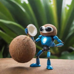 An image of a coconut transformed into a super heroic AI, harnessing the power from dynamic circuit patterns pulsating across its shell, striking a victorious pose and enjoying his own coconut juice amidst a futuristic cyber environment.