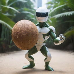 An image of a coconut transformed into a super heroic AI, harnessing the power from dynamic circuit patterns pulsating across its shell, striking a victorious pose and enjoying his own coconut juice amidst a futuristic cyber environment.