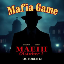 A stylish and captivating poster for the Mafia game hosted by 'Dvizh Berlin' on October 12