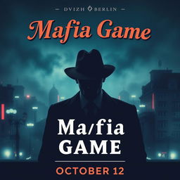 A stylish and captivating poster for the Mafia game hosted by 'Dvizh Berlin' on October 12