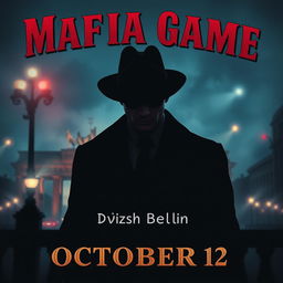 A stylish and captivating poster for the Mafia game hosted by 'Dvizh Berlin' on October 12