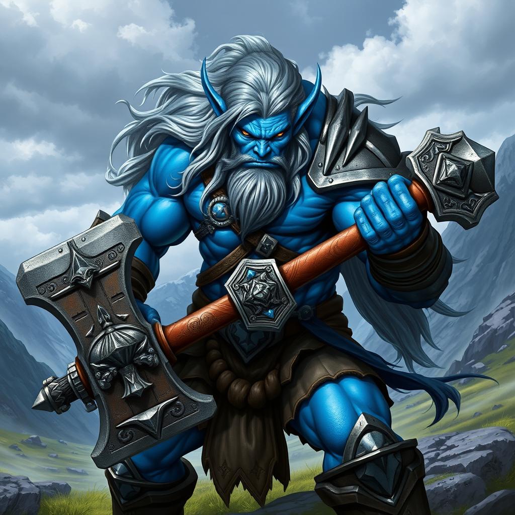 A beautiful blue orc wielding a war hammer, showcasing impressive muscular build and fierce expression