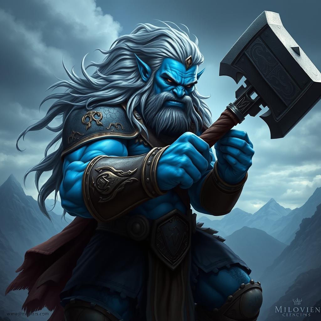 A beautiful blue orc wielding a war hammer, showcasing impressive muscular build and fierce expression