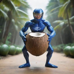 An image of a coconut transformed into a super heroic AI, harnessing the power from dynamic circuit patterns pulsating across its shell, striking a victorious pose and enjoying his own coconut juice amidst a futuristic cyber environment.