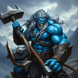 A beautiful blue orc wielding a war hammer, showcasing impressive muscular build and fierce expression