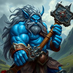 A beautiful blue orc wielding a war hammer, showcasing impressive muscular build and fierce expression