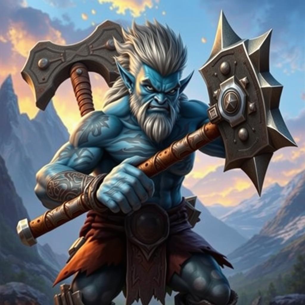 A stunning blue orc with striking gray hair, appearing youthful and full of energy, wielding a massive warhammer that glints under the light