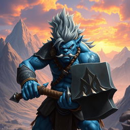 A stunning blue orc with striking gray hair, appearing youthful and full of energy, wielding a massive warhammer that glints under the light