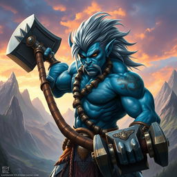 A stunning blue orc with striking gray hair, appearing youthful and full of energy, wielding a massive warhammer that glints under the light