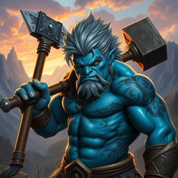 A stunning blue orc with striking gray hair, appearing youthful and full of energy, wielding a massive warhammer that glints under the light