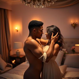 A romantic and intimate scene featuring two adults in a softly lit bedroom, embracing closely, with a warm atmosphere that suggests love and connection