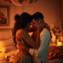 A romantic and intimate scene featuring two adults in a softly lit bedroom, embracing closely, with a warm atmosphere that suggests love and connection