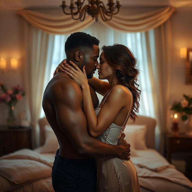 A romantic and intimate scene featuring two adults in a softly lit bedroom, embracing closely, with a warm atmosphere that suggests love and connection