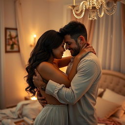 A romantic and intimate scene featuring two adults in a softly lit bedroom, embracing closely, with a warm atmosphere that suggests love and connection