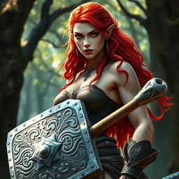 A stunning half-elf, half-orc warrior with striking cream skin and vibrant, fiery red hair cascading down in waves