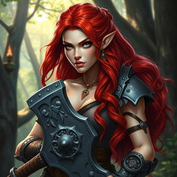 A stunning half-elf, half-orc warrior with striking cream skin and vibrant, fiery red hair cascading down in waves