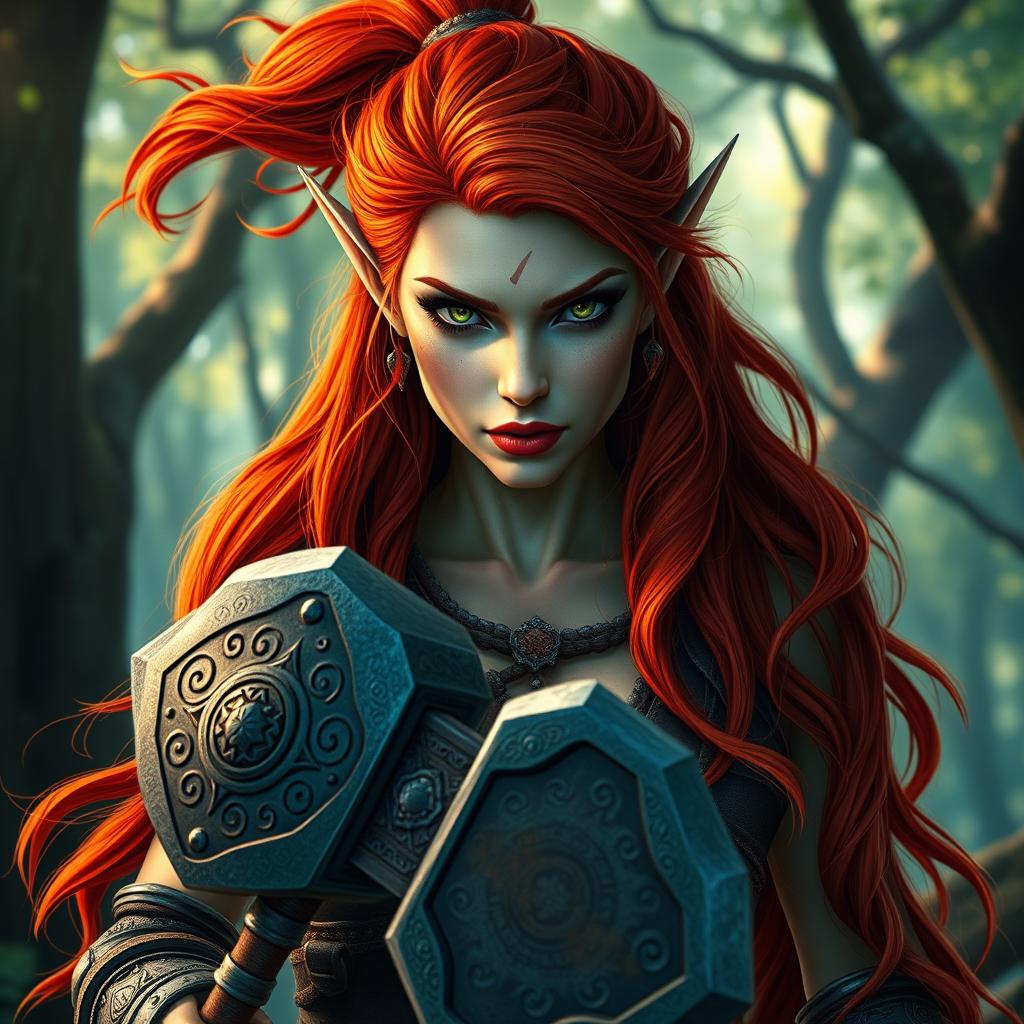 A stunning half-elf, half-orc warrior with striking cream skin and vibrant, fiery red hair cascading down in waves