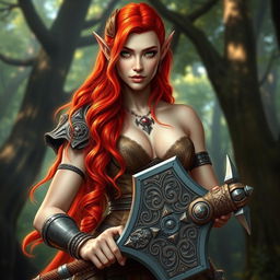 A stunning half-elf, half-orc warrior with striking cream skin and vibrant, fiery red hair cascading down in waves