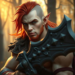 A stunning half-elf half-orc warrior showcasing a striking appearance with cream-colored skin and vibrant, fiery red hair