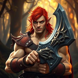 A stunning half-elf half-orc warrior showcasing a striking appearance with cream-colored skin and vibrant, fiery red hair