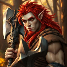 A stunning half-elf half-orc warrior showcasing a striking appearance with cream-colored skin and vibrant, fiery red hair