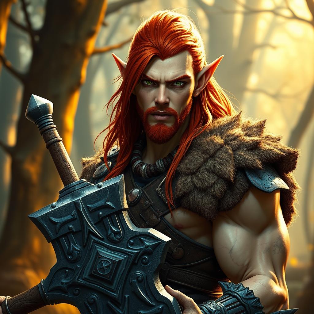 A stunning half-elf half-orc warrior showcasing a striking appearance with cream-colored skin and vibrant, fiery red hair