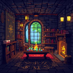 a pixel art room measuring 160 pixels by 144 pixels, featuring magical and medieval elements such as stone walls adorned with tapestries, a wooden table with glowing potion bottles, shelves filled with spell books, a fireplace casting a warm light, enchanted lanterns hanging from the ceiling, a large window with a view of a magical forest, and mystical runes etched into the floor