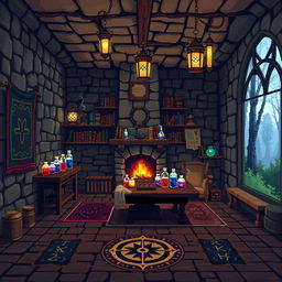 a pixel art room measuring 160 pixels by 144 pixels, featuring magical and medieval elements such as stone walls adorned with tapestries, a wooden table with glowing potion bottles, shelves filled with spell books, a fireplace casting a warm light, enchanted lanterns hanging from the ceiling, a large window with a view of a magical forest, and mystical runes etched into the floor