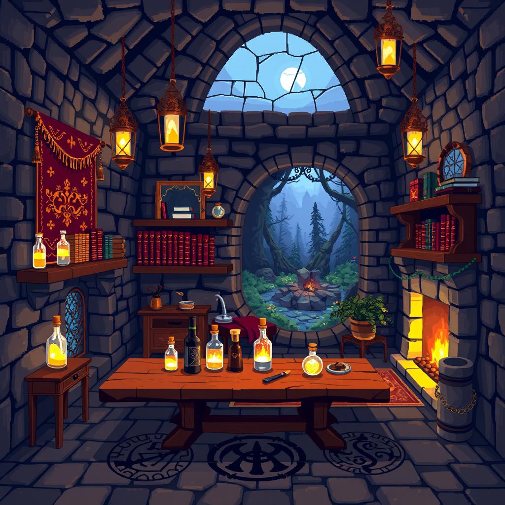 a pixel art room measuring 160 pixels by 144 pixels, featuring magical and medieval elements such as stone walls adorned with tapestries, a wooden table with glowing potion bottles, shelves filled with spell books, a fireplace casting a warm light, enchanted lanterns hanging from the ceiling, a large window with a view of a magical forest, and mystical runes etched into the floor