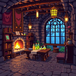 a pixel art room measuring 160 pixels by 144 pixels, featuring magical and medieval elements such as stone walls adorned with tapestries, a wooden table with glowing potion bottles, shelves filled with spell books, a fireplace casting a warm light, enchanted lanterns hanging from the ceiling, a large window with a view of a magical forest, and mystical runes etched into the floor