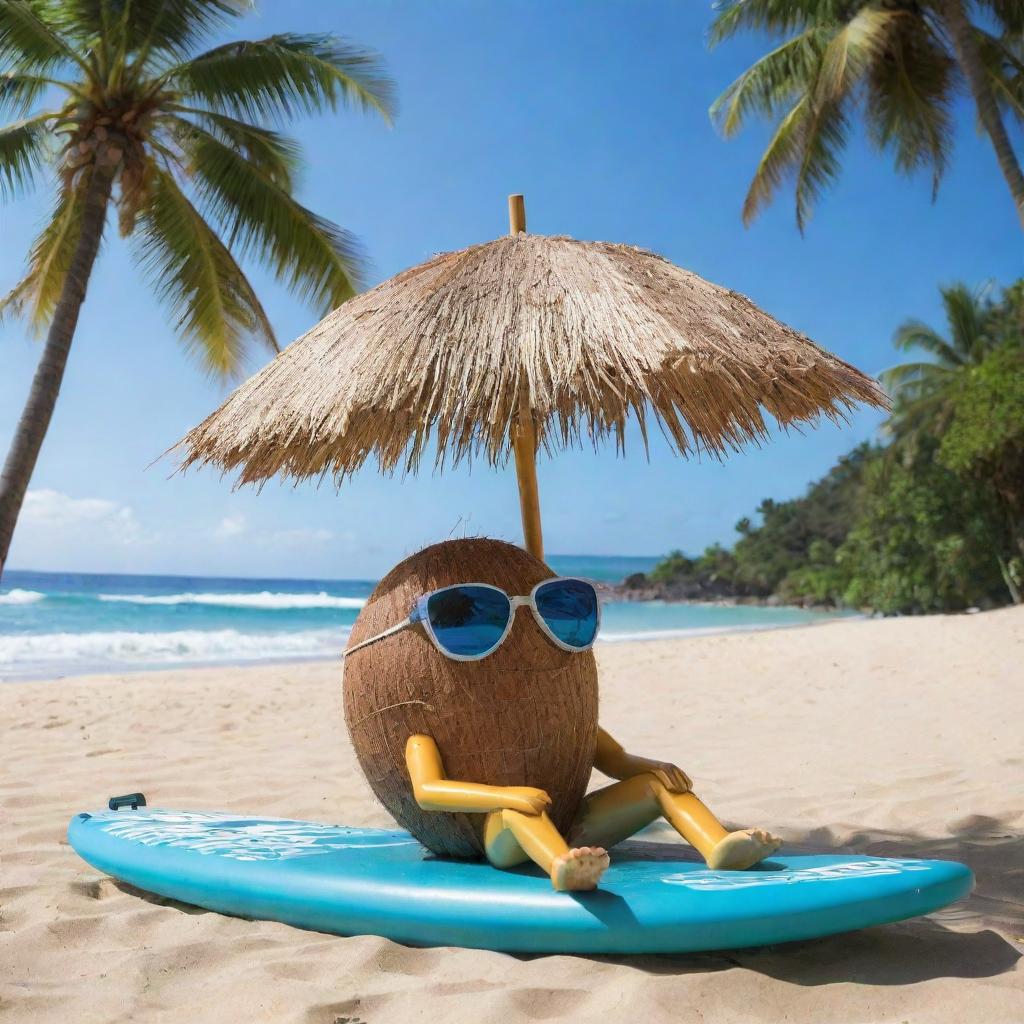 A coconut personified as an AI, with digital eyes and circuit overlay, lounging under a palm tree umbrella with a surfboard nearby, set against a vibrant beach setting.