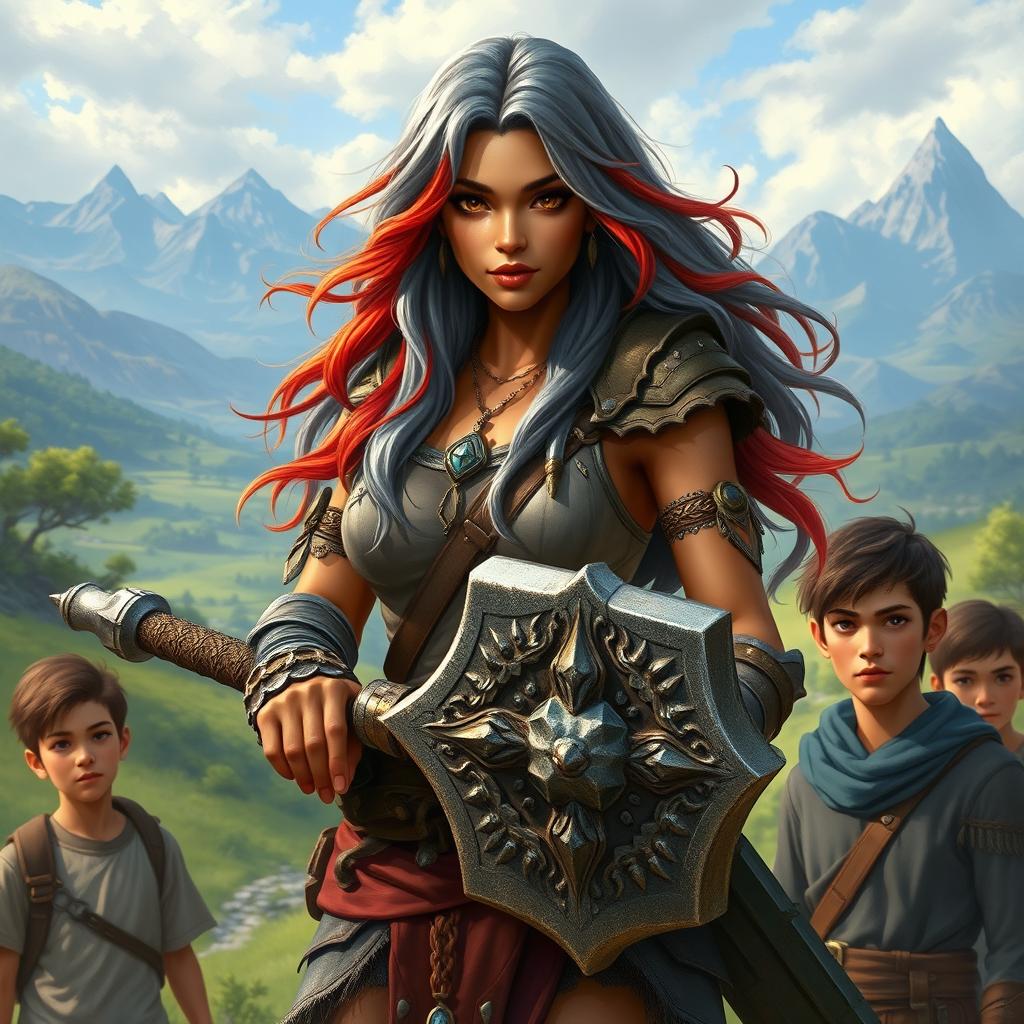 A stunning half-elf, half-orc warrior with beautiful brown skin and striking fiery gray hair cascading down