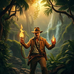 An adventurous scene featuring a rugged archaeologist exploring a dense jungle, reminiscent of Indiana Jones