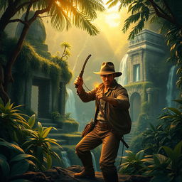 An adventurous scene featuring a rugged archaeologist exploring a dense jungle, reminiscent of Indiana Jones