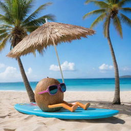 A coconut personified as an AI, with digital eyes and circuit overlay, lounging under a palm tree umbrella with a surfboard nearby, set against a vibrant beach setting.