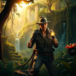 An adventurous scene featuring a rugged archaeologist exploring a dense jungle, reminiscent of Indiana Jones