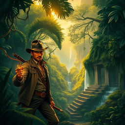 An adventurous scene featuring a rugged archaeologist exploring a dense jungle, reminiscent of Indiana Jones