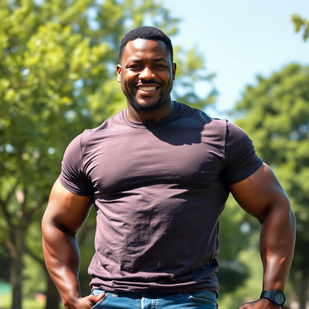 A strong 50-year-old Black father, with a muscular build and a warm, fatherly expression, standing confidently in a bright, sunny park