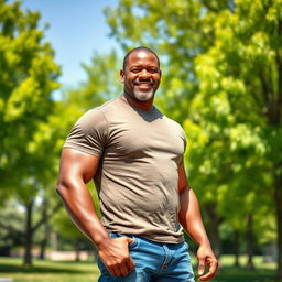 A strong 50-year-old Black father, with a muscular build and a warm, fatherly expression, standing confidently in a bright, sunny park