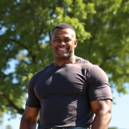 A strong 50-year-old Black father, with a muscular build and a warm, fatherly expression, standing confidently in a bright, sunny park