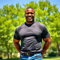 A strong 50-year-old Black father, with a muscular build and a warm, fatherly expression, standing confidently in a bright, sunny park