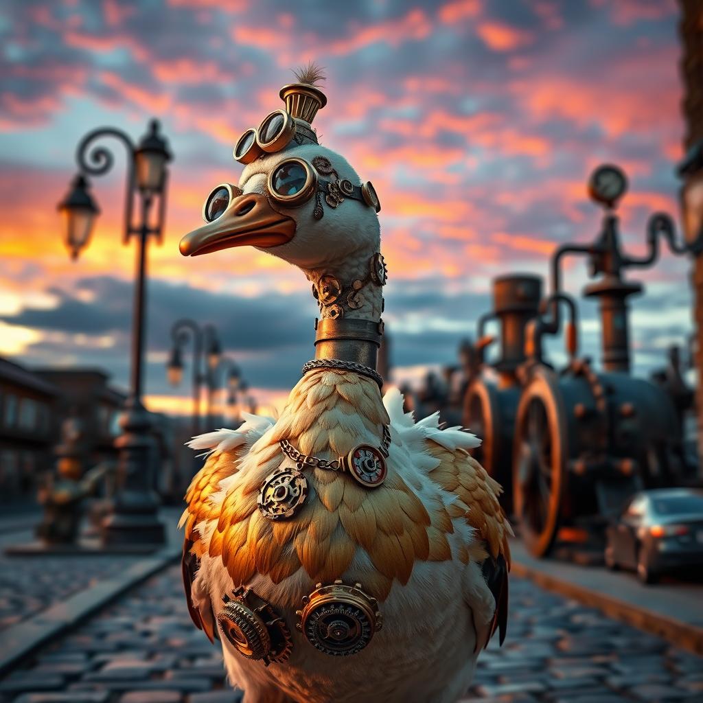 A whimsical steampunk goose, adorned with intricate brass gears, steam pipes, and Victorian-era embellishments