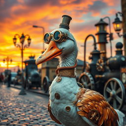 A whimsical steampunk goose, adorned with intricate brass gears, steam pipes, and Victorian-era embellishments