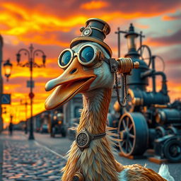 A whimsical steampunk goose, adorned with intricate brass gears, steam pipes, and Victorian-era embellishments