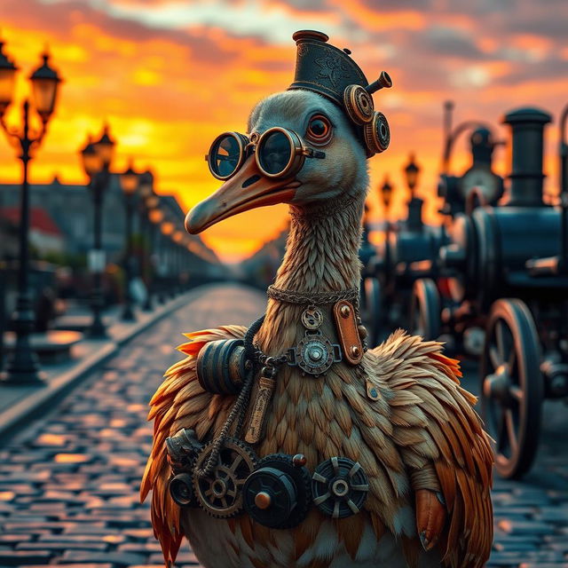 A whimsical steampunk goose, adorned with intricate brass gears, steam pipes, and Victorian-era embellishments