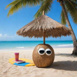 A coconut personified as an AI, with digital eyes and circuit overlay, lounging under a palm tree umbrella with a surfboard nearby, set against a vibrant beach setting.