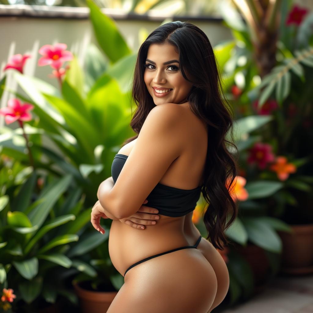 A confident Latina woman with an embracing pose, showcasing her voluptuous figure